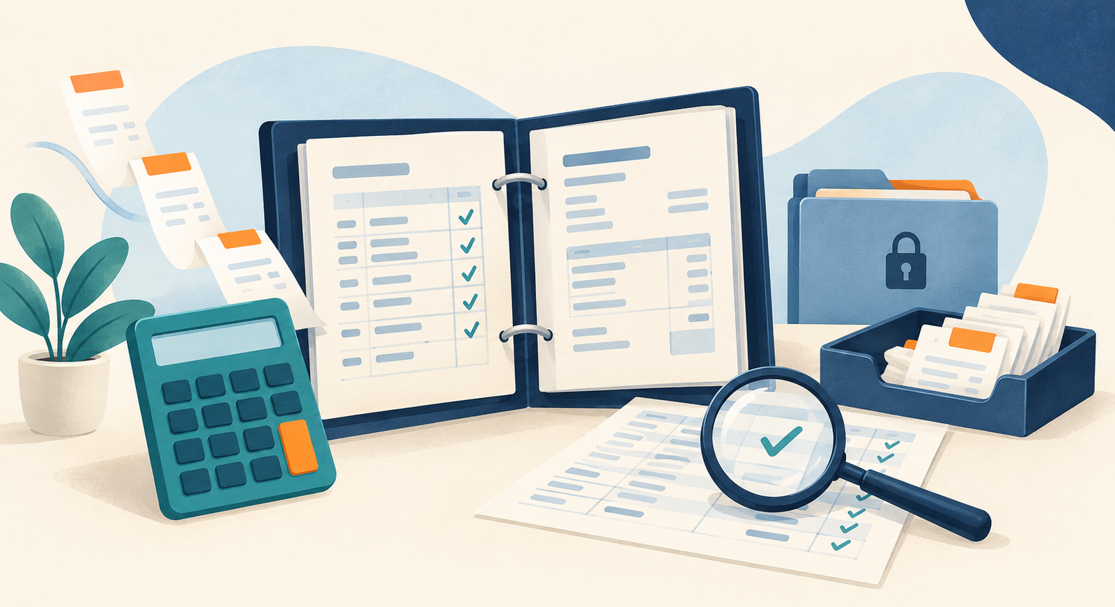 Illustration of an open bookkeeping binder, calculator, organized receipts, a folder with a lock symbol, and a magnifying glass highlighting a checkmark on a ledger.